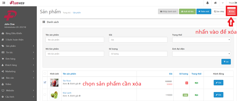 x&oacute;a sản phẩm